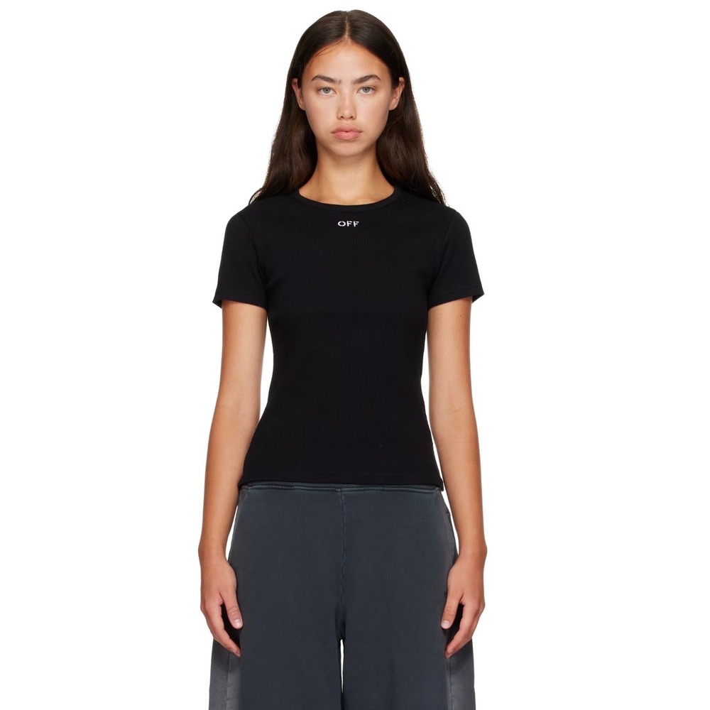 Off White Main Label Virgil Abloh Black Ribbed Fitted "OFF" Logo Shirt